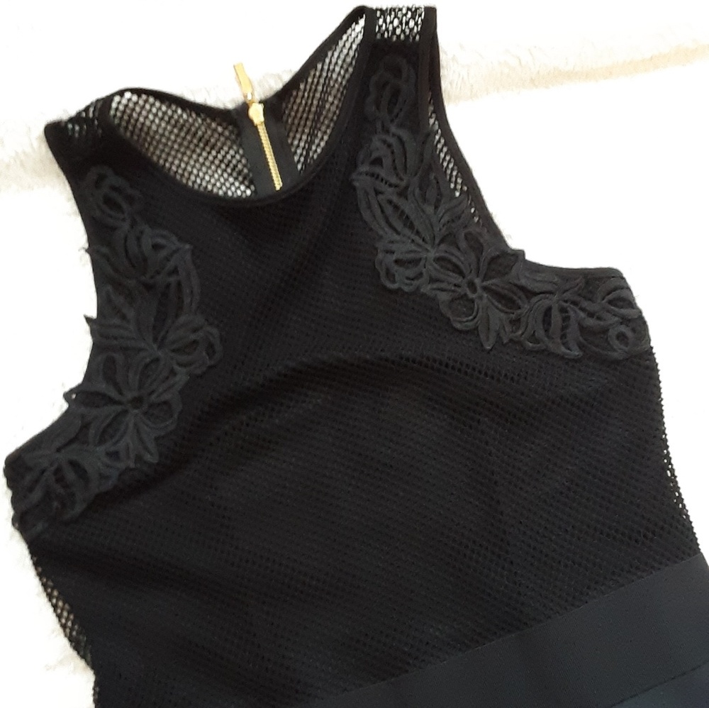 Black short sleeveless dress, lace and gold, NWOT